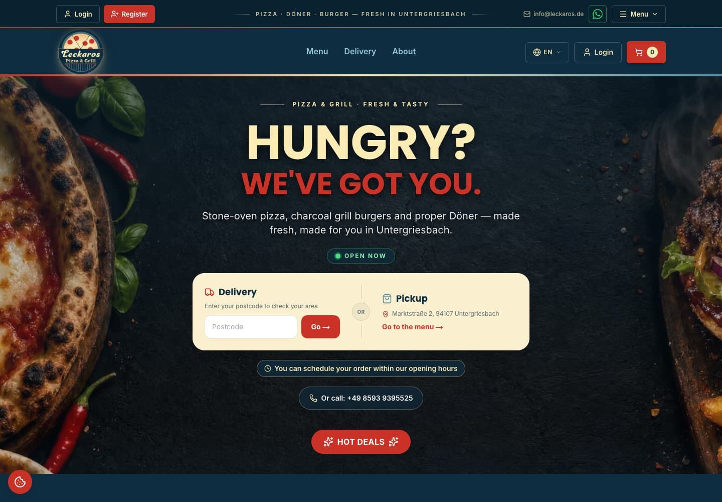 Publieke website van Leckaros met opties voor bezorgen en afhalen